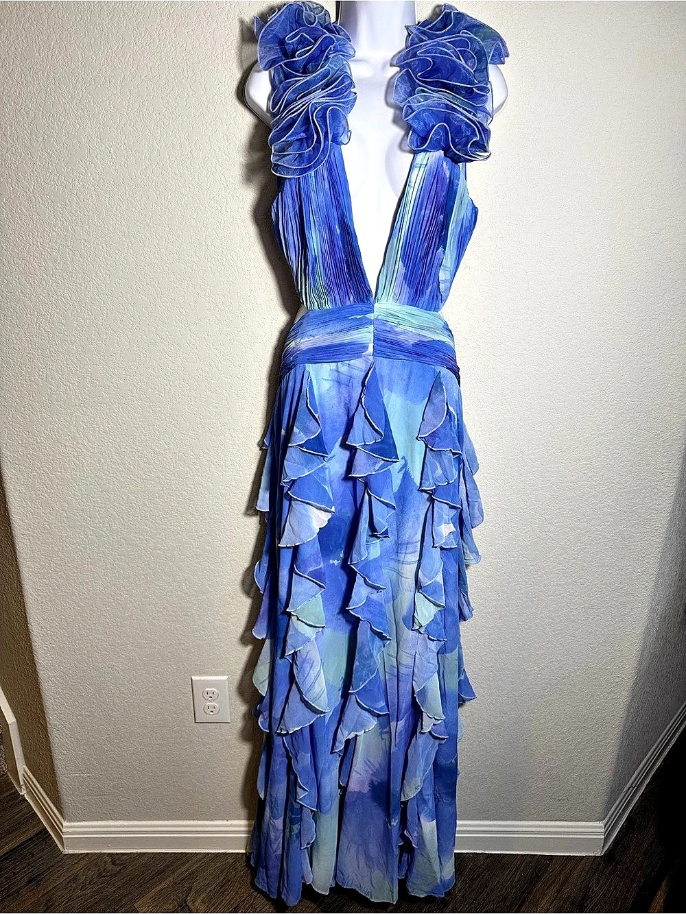 ASOS Ruffle Maxi Dress Blue Green Size 14 NWT festival fairy art to wear gown